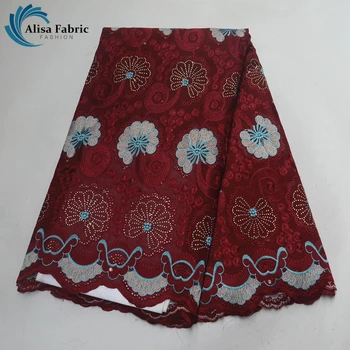 

Wine red colour embroidery african lace fabric hot selling swiss voile lace fabric rhinestones with stones 100% cotton for dress