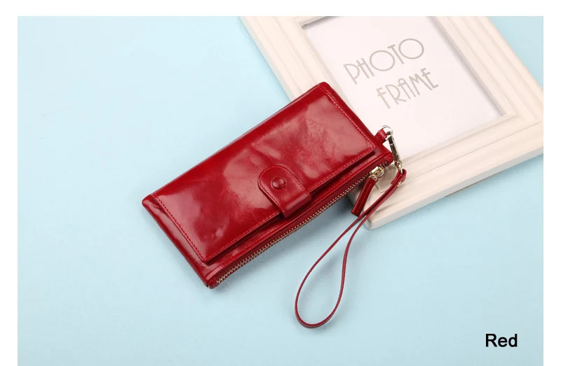 Best Quality! Women Oil Wax Genuine Cowhide Leather Long Zipper Wallet Lady Fashion Clutch Purse Bag With Strap 7 colors 2153