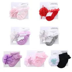 Носки для новорожденных девочек + повязка на голову, 2 предмета, модная Корона, хлопковые носки с цветочным рисунком для маленьких девочек