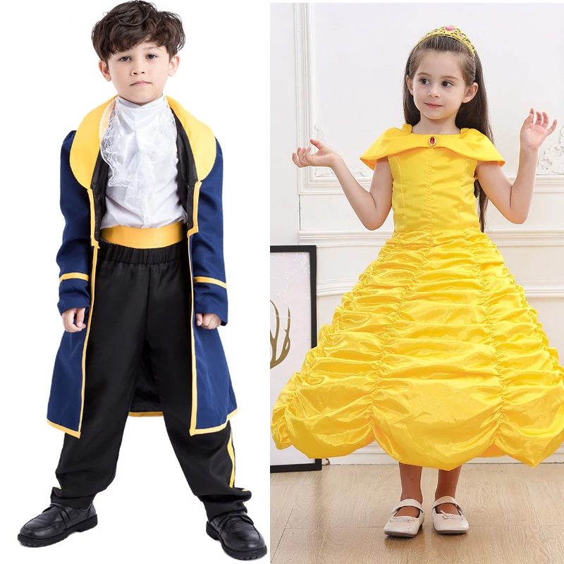 

HOT Kids Beauty and the Beast Cosplay Prince Adam Boys Costumes Cosplay Party Girls Belle Princess Dress uniform halloween Dress