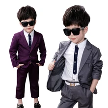 Детский Блейзер, костюм для отдыха для мальчиков возрастом от 2 до 10 лет, Детский костюм для выпускного бала платье с цветочным узором для свадебного торжества для мальчиков, рубашка и штаны, комплект из 3 предметов, фиолетовый/серый