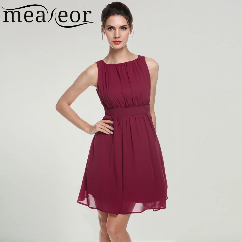 

Meaneor Women Chiffon Sleeveless Draped Flare Fit Cocktail Party Dress 2018 Summer New High Waist Solid Elegant Female Dresses