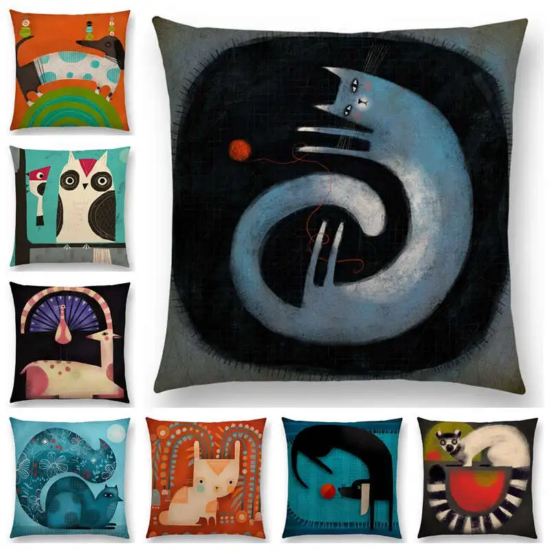 

Abstract Fantasy Animals Painting Sofa Throw Pillow Case Dachshund Owl Cat Dog Squirrel Rabbit Fox Camel Elephant Cushion Cover