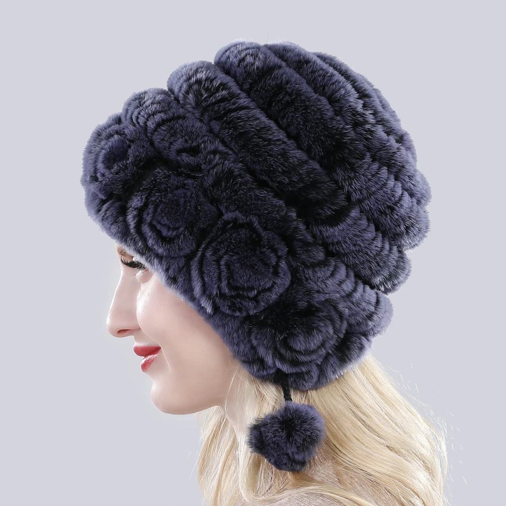 Natural Soft Knitted Hat Russia Women Winter 100% Genuine Caps Lady Warm Real Rex Rabbit Fur Hats_voghion.com