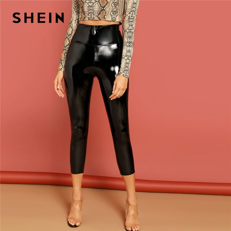 SHEIN Однотонные Глянцевые Легинсы Из Эко Кожи Стильные Легинсы