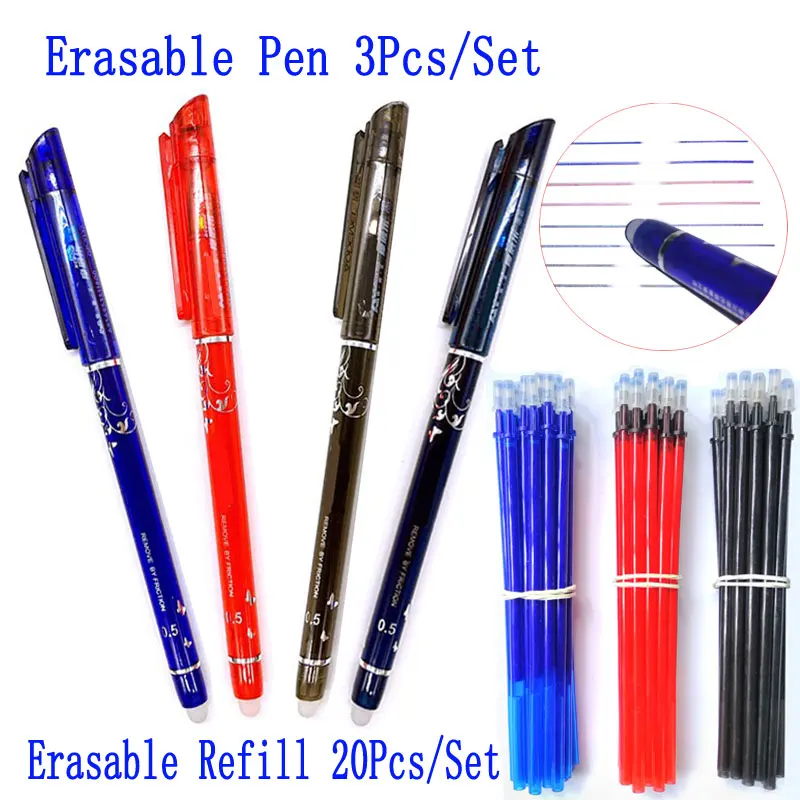 

DELVTCH 0.5MM 3Pcs/set Erasable Gel Pen Or 20pcs Erasable Pen Refills Red/Blue/black Ink Erasable For School Office Stationery