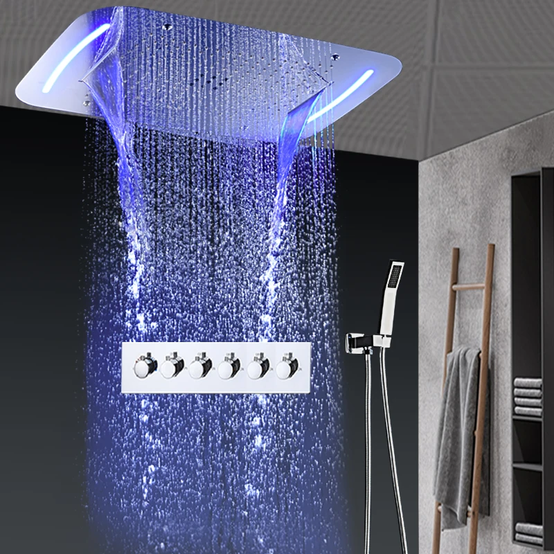 

NEW Recessed Ceiling Waterfall Shower Set High Flow LED Rain Mist Shower Kits Batrhroom 5 Functions Mixing Valve