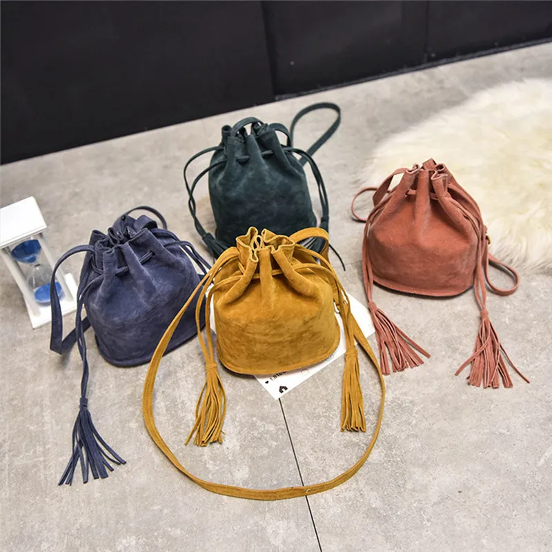 FangNymph Vintage Fashion Small Women Bucket font b Bags b font Female Suede Pu Tassel Shoulder