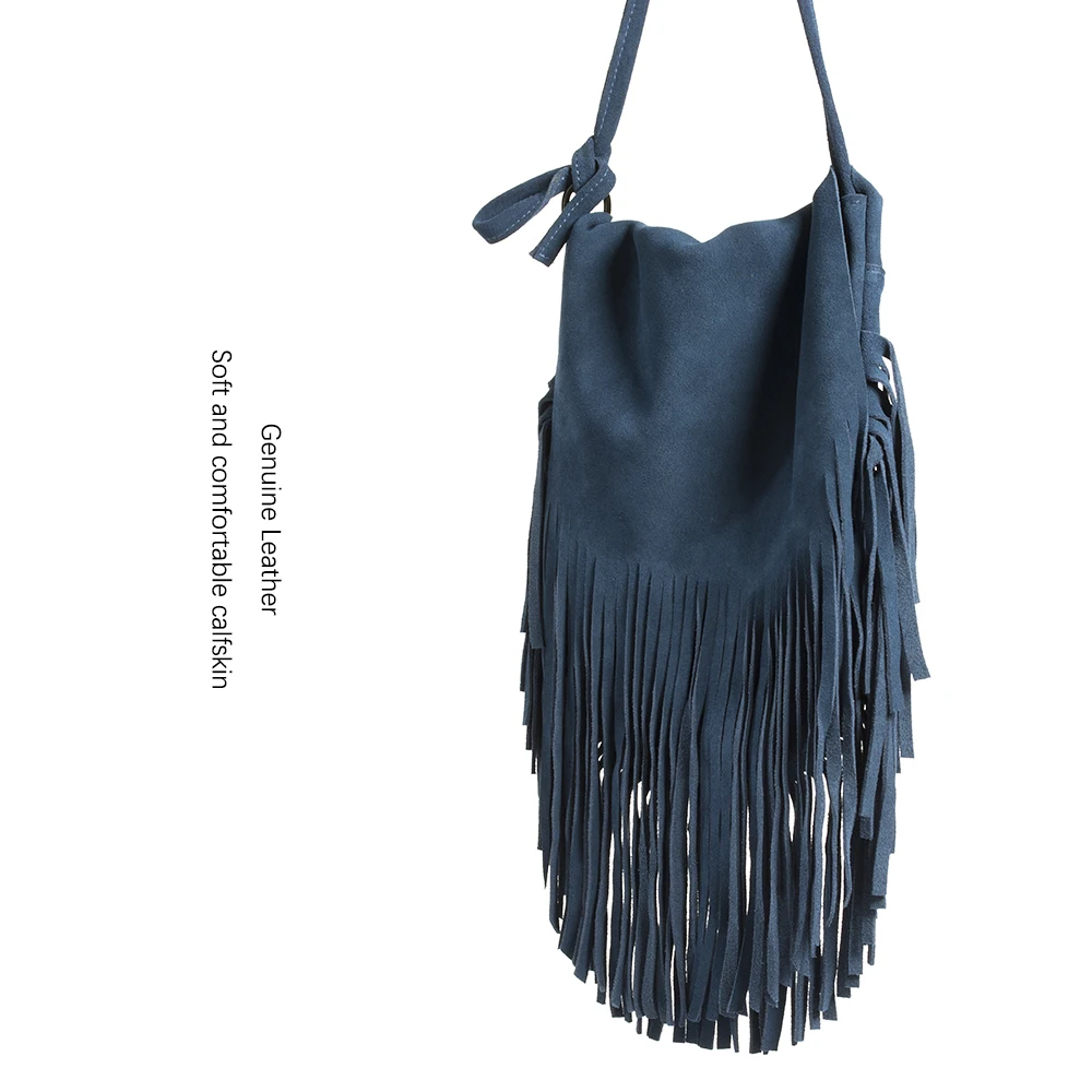 Новая женская сумка-мешок из натуральной кожи с кисточками винтажная богемная хиппи Этническая Женская народная синяя модная сумка через плечо