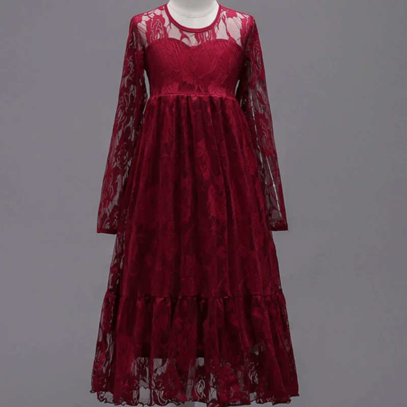 

POSH DREAM Burgundy Kids Dress for Girls Wedding Tulle Lace Long Girl Dress Elegant Princess Party Pageant Formal Gown for Girls