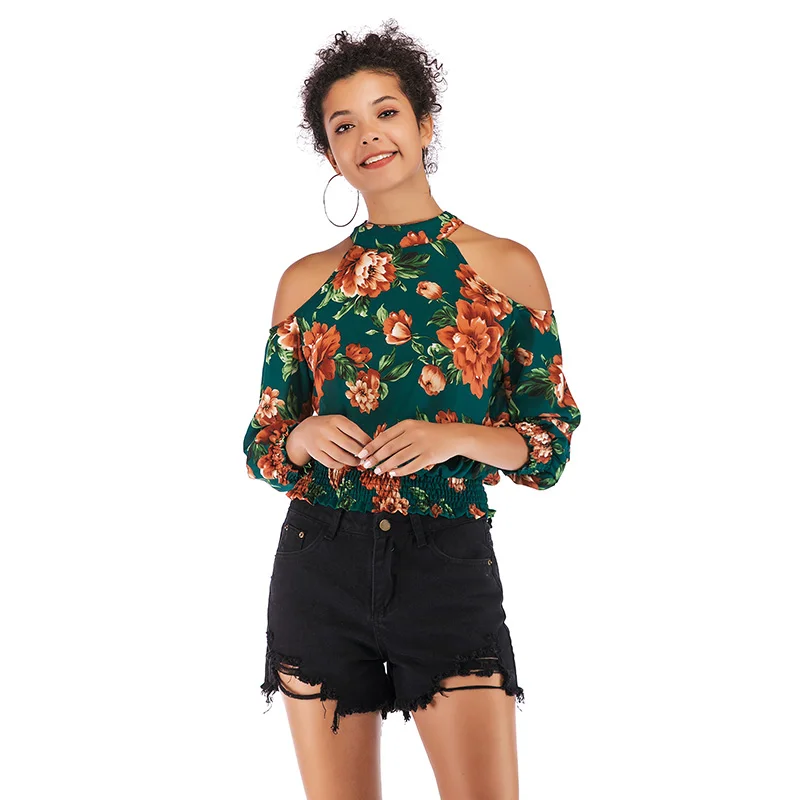 

VZFF Spring And Summer Green Printing New Fashion Sexy Elegant Strapless Chiffon Shirt Sleeve Slim Slimming Round Neck Shirt