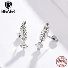 BISAER Серьги перья 925 пробы серебряные классические перья крылья серьги гвоздики для женщин винтажные модные ювелирные изделия ECE610