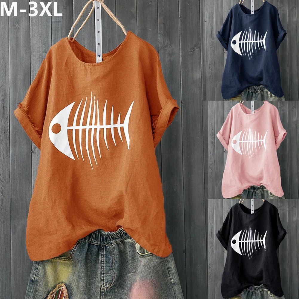 Willow S Women Casual Solid Color Blouse Fish Bone Print Tops Loose Short Sleeve Shirt Funny Tops Tees