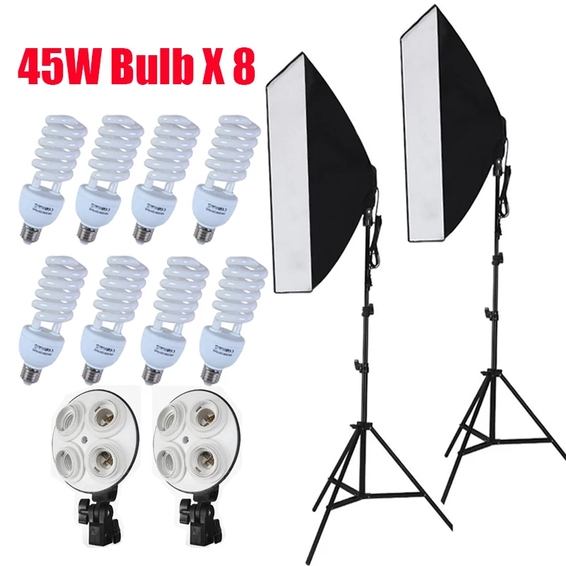 

360W 5500K 8PCS Bulb Photographic Photo Studio Continuous lighting kit 50x70cm Softbox Diffuser Equipment and 2M Light Stand