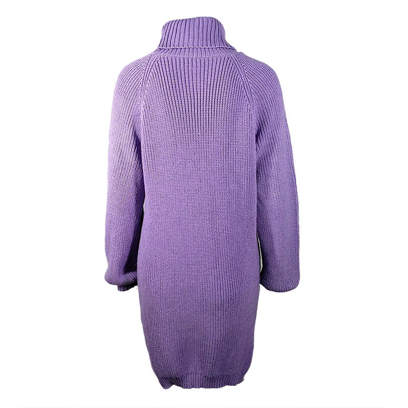 Women Purple Knitted Sweater Autumn Winter New 2019 Fashion Hem Split Loose Casual Pullover Turtleneck Long Sweater 154