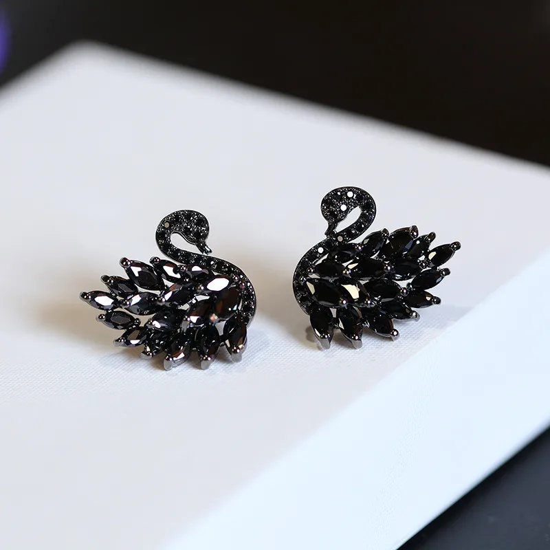 

Luxury Female Crystal Swan Stud Earrings Cute 925 Silver White Black Stone Earrings Boho Double Zircon Earrings For Women