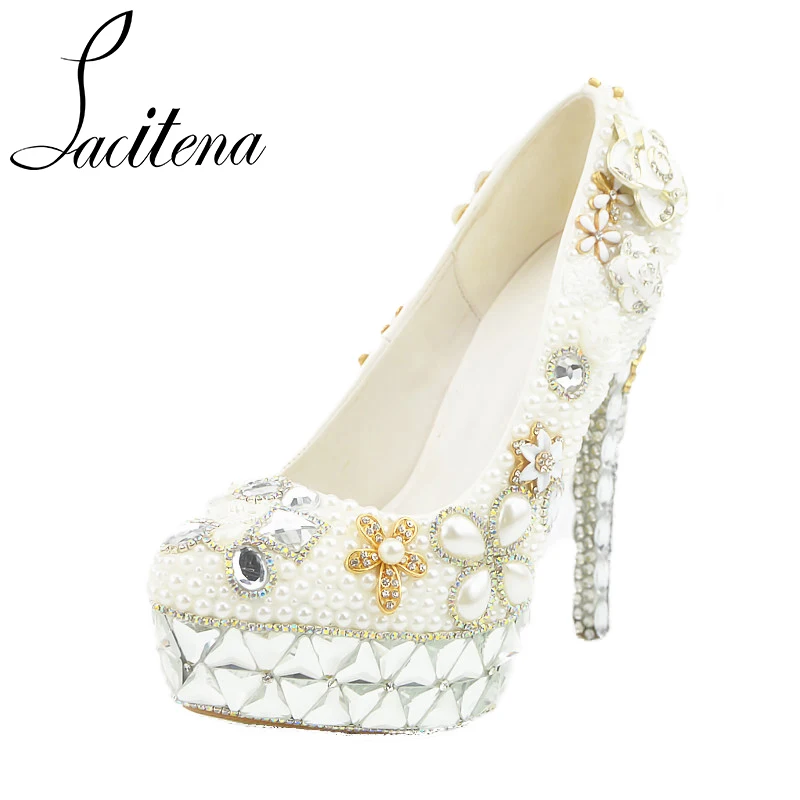 

Crystal Diamond Flower High Heel Shoes Platform Diamond Pearl Shoes New Bridal Wedding Shoes