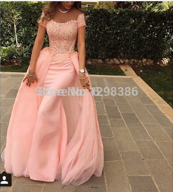 Detachable Skirt 2017 Evening Dresses Sheath Cap Sleeves Pink Chiffon Lace Elegant Long Evening Gown Prom Dresses Prom Gown