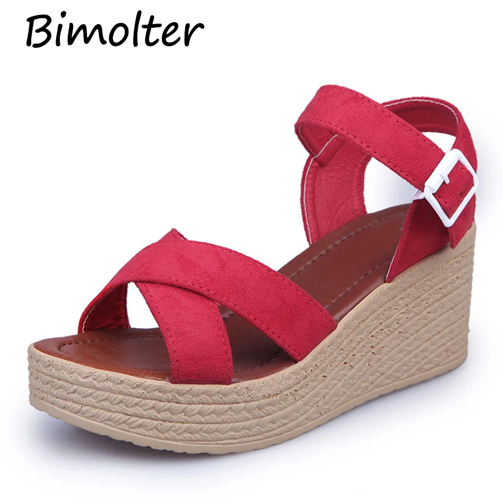 

Bimolter Summer Flock Buckle Sandals Women Fashion High Heel Platform Open Toe Gladiator Shoes Comfortable Wedge Sandals PSEB017
