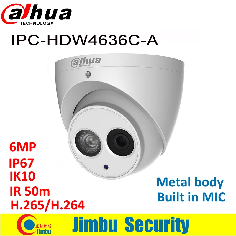 

Dahua Camera IPC-HDW4636C-A Metal body H.265 Built-in MIC IR50m IP67 IK10 Dome Camera Not POE Smart Detection