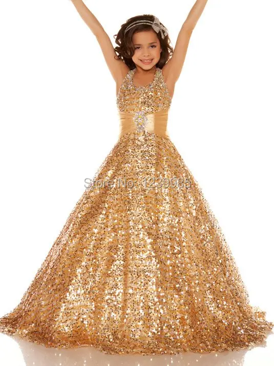 2017 Free shipping Halter Gold Sequins Lace Ball gown Little Girl Pageant Dresses Girl Party