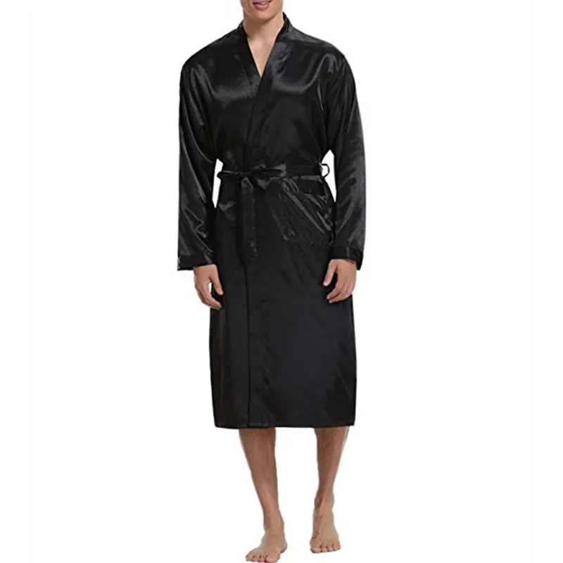 INCERUN модный, Шелковый, сатиновый s; одежда для сна; халат с длинным рукавом Осень длинный халат lightwear съемный поясная сумка; пижамы; одежда - Цвет: Black