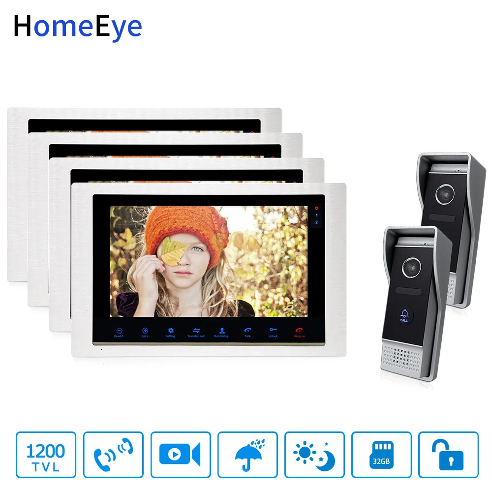 

HomeEye Video Door Phone Video Intercom Motion Detection Touch Button 10'' Monitor 1200TVL IR Camera 2-4 Security Access System