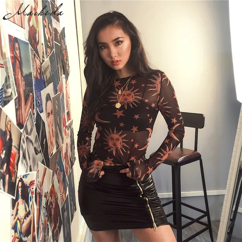Hirigin New Women Cartoon Moon Sun Print Blouses 2019 Sheer Mesh Crop Tops Perspective Hollow Out Tee Basic Slim Blouse Blouses & Shirts