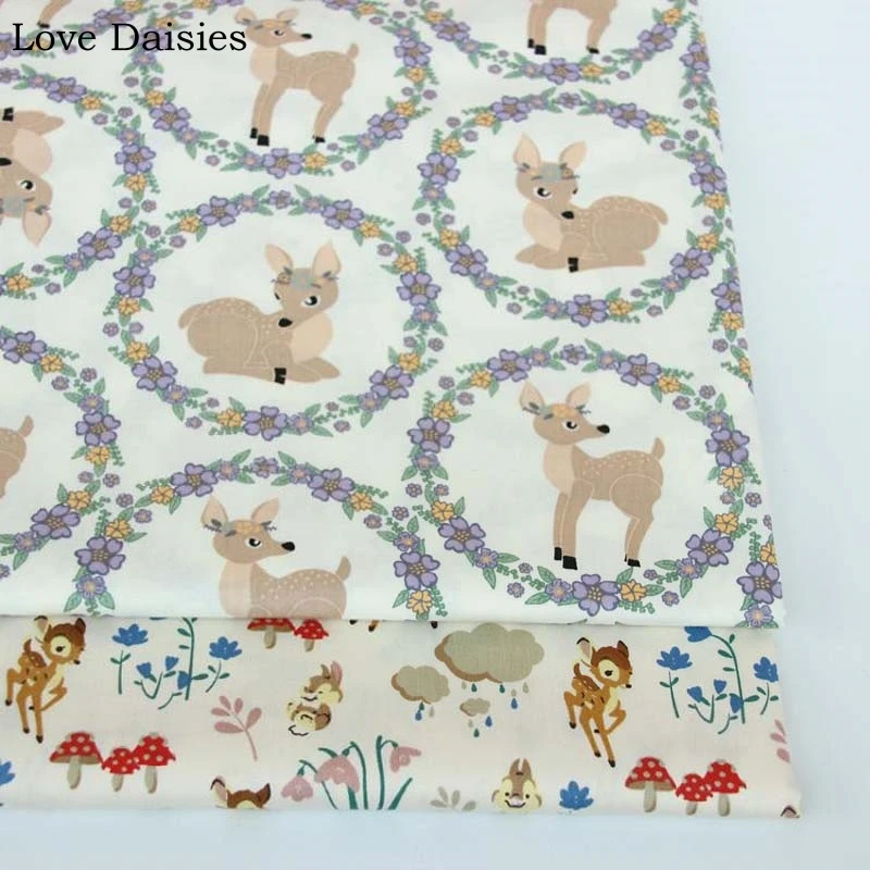 

100% Cotton Cartoon OFF WHITE BEIGE Garland Flowers Mushroom Sika Deer Twill Fabrics for Bedding Apparel Dress Decor Handcraft