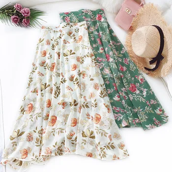 

2020 Summer New Arrival Chiffon Skirt Slender High Waist A-Line Skirt Sweet Faldas Largas Elegantes Print Woman Long Skirt