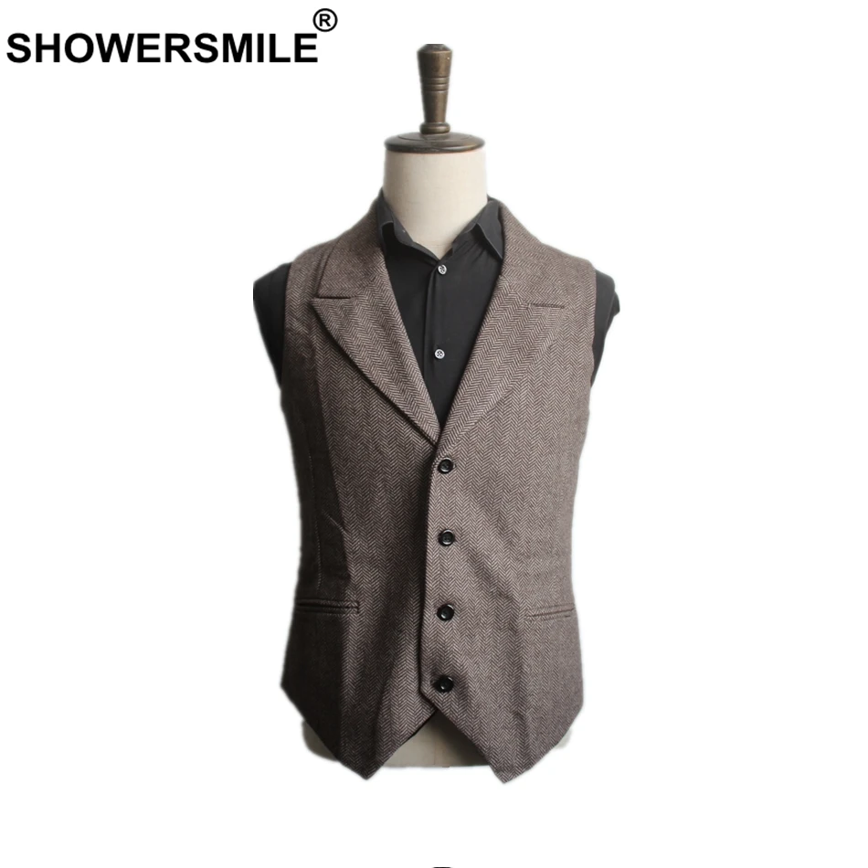 

SHOWERSMILE Herringbone Wool Vest Men Suit Vest Coffee British Style Sleeveless Blazer Slim Fit 2019 Autumn Brand Male Waistcoat