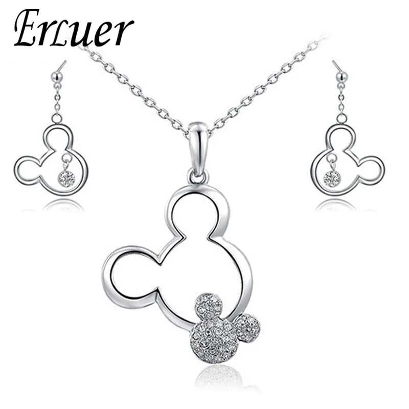 

fashion Kolye Pendante Wedding bride Children Women Crystal Mickey Rose White gold Christmas party Necklace Earring Jewelry Sets