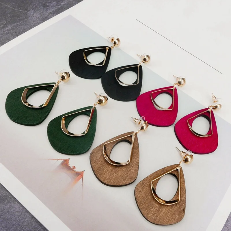 

Handmade Ethnic Fashion Statement Drop Wood Earrings For Women Geometry Hollow Alloy Dangle Earring Ear Jewelry Gifts