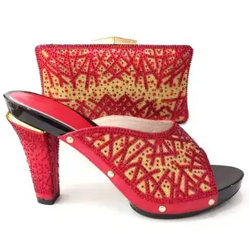 

Gorgeous red women pumps match bag set with rhinestone decoration african shoes and handbag for dress V506-1,heel 11CM