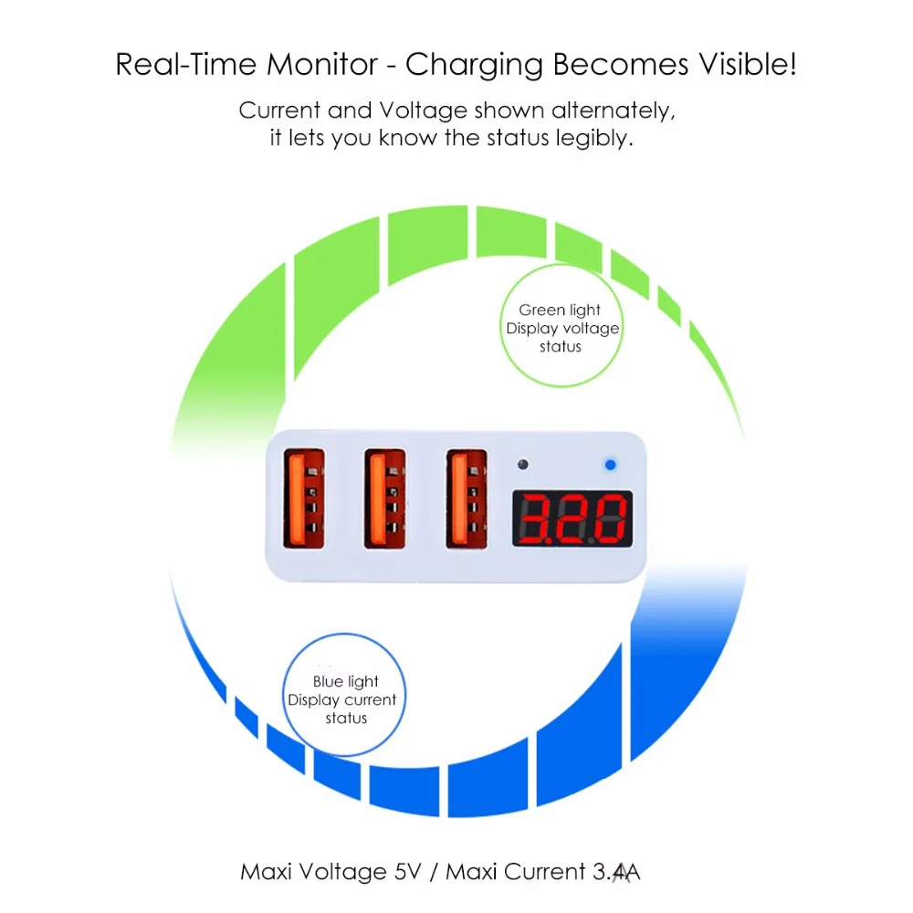 SOONHUA с 3 портами(стандарт Универсальный мобильный телефон Зарядное устройство 5 V/3.4A Быстрая зарядка для путешествий настенное Зарядное устройство светодиодный Дисплей Зарядное устройство для iPhone Xiaomi