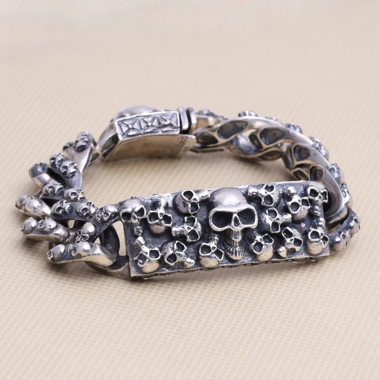

Handcrafted Thailand 925 Silver Skeleton Bracelet Vintage Sterling Silver Skull Head Punk Bracelet Pure Silver Man Bracelet