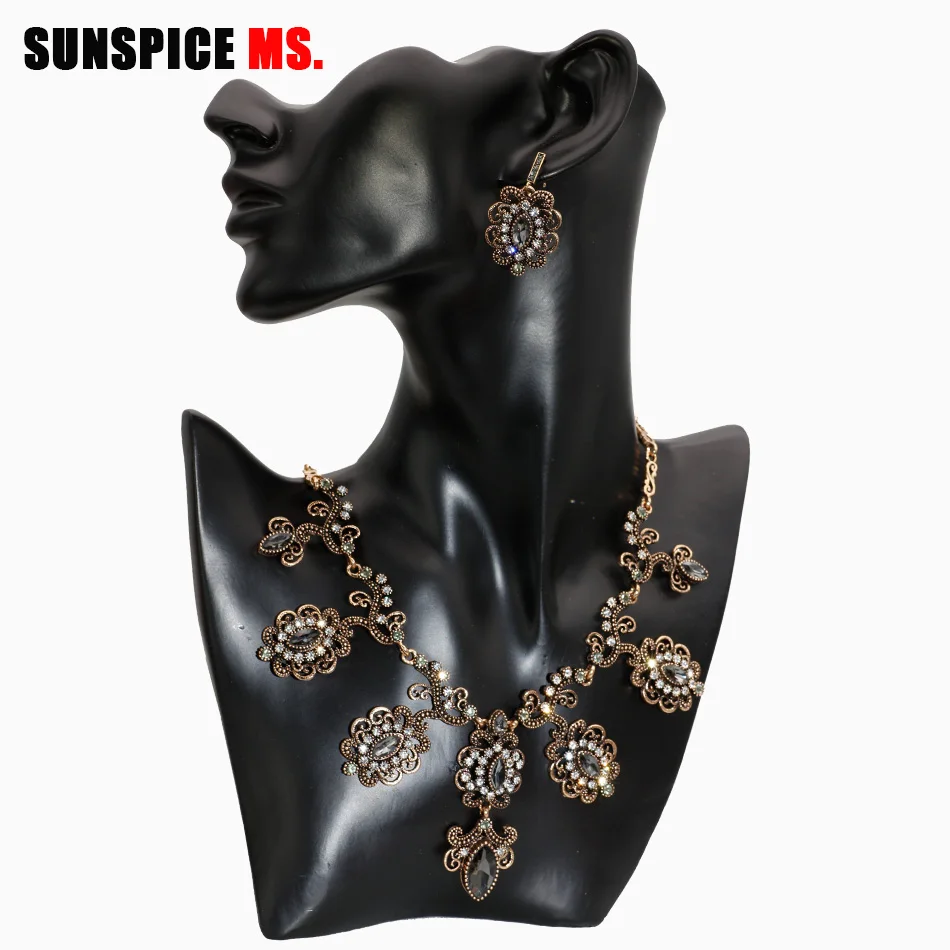 SUNSPICE-MS, роскошный серый свадебный цветок с кристаллами, Свадебные Ювелирные наборы, античное золото, индейка, женские серьги, ожерелье, браслет, новинка