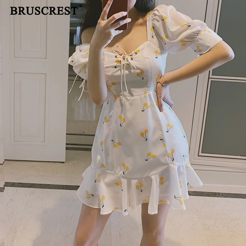 

Summer dress 2019 vintage white ruffle lace up beach sexy dress elegant kawaii yellow cherry casual mini dress korean vestidos