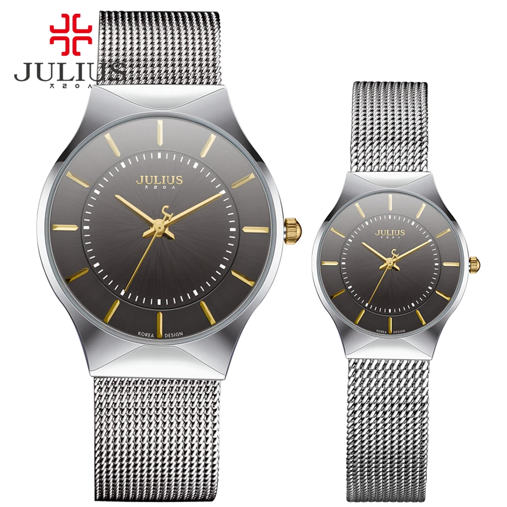 JULIUS модные повседневные роскошные часы Топ логотип бренда мужские часы Серебристый, Черный ультра тонкий сетчатый полностью стальной кварцевый водонепроницаемый JA-577