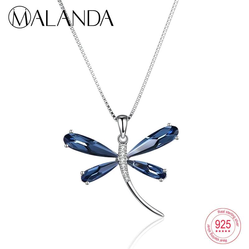 

MALANDA 925 Sterling Silver Heart Crystal From Swarovski Blue Dragonfly Pendants Necklaces For Women Statement Necklaces Jewelry