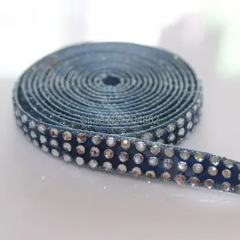 

10 yards 3 rows Navy Blue Montana Velvet Diamante Ribbon Clear Crystal Rhinestone banding Gold Edge For DIY Browbands Costume
