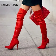 EMMA KING botas mujer invierno/пикантные красные замшевые сапоги выше колена с острым носком, на шпильке, на молнии, для торжеств, высокие сапоги до бедра