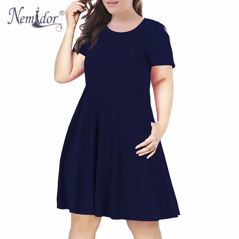 Nemidor Women Casual O-neck Short Sleeve Stripe Print A-line Dress Plus Size 7XL 8XL 9XL Swing Fit and Flare Dress With Pockets