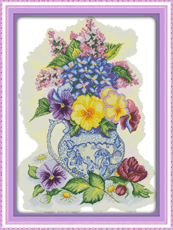 Three Color Vase Flower Canvas DMC Cross Stitch Kits Art