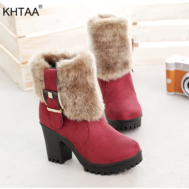 

Women Block High Heels Winter Snow Boots Warm Faux Fur Female Casual Platform Suede Buckle Short Ankle Boots 2018 New Shoes