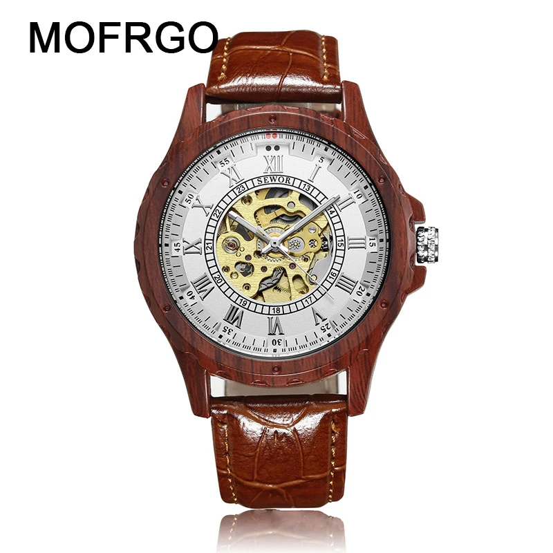 

Skeleton Mechanical Watch Men Top Brand Luxury Automatic Watch Men Watch Leather Imitation Wood Grain