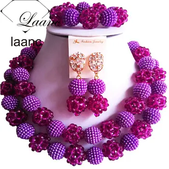 

Laanc Brand Costume Necklace Nigerian Wedding African Beads Purple Jewelry Set Crystal Ball Simulated Pearl AL319