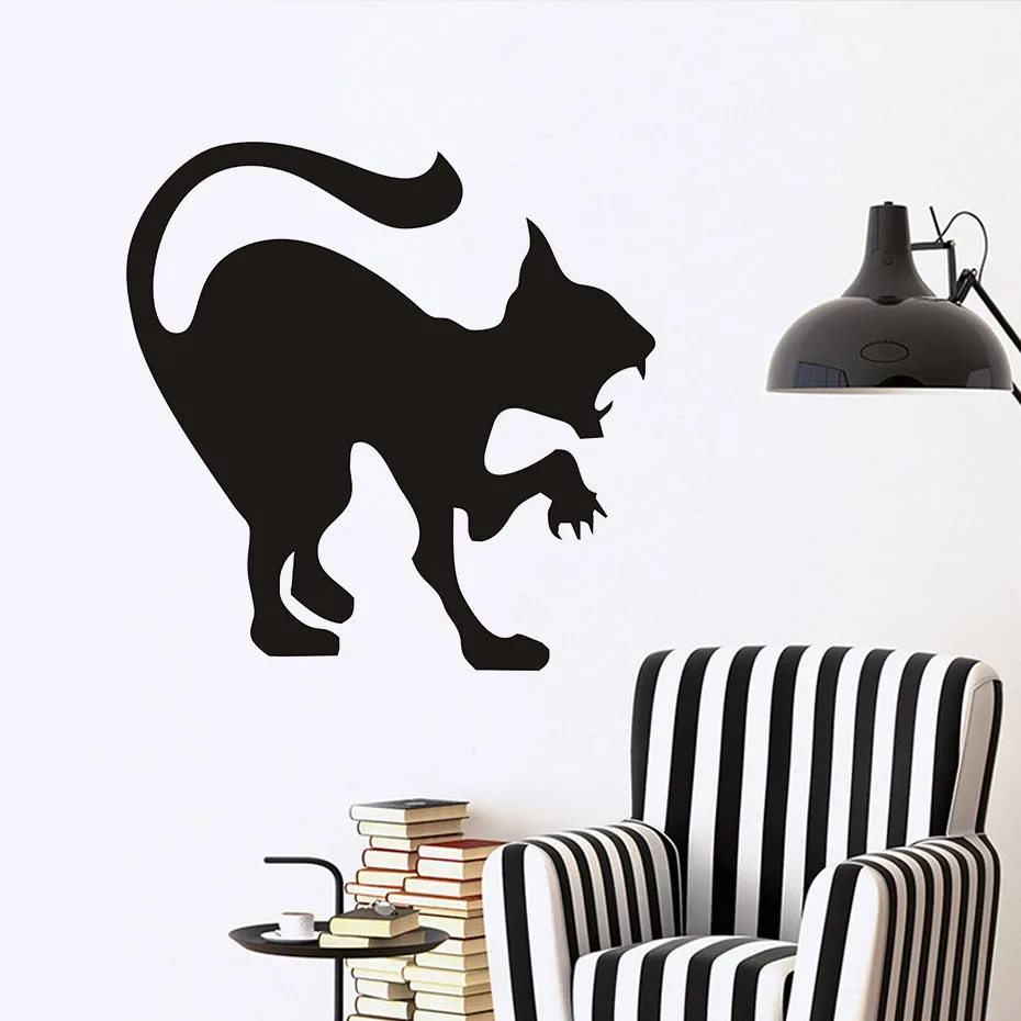 Страшная черная кошка наклейка на стене Хэллоуин украшение Hissing Cat виниловая