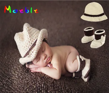 

Crochet Beige Color Baby Boy Cowboy Hat&Botties Set Newborn Cowboy Design Photography Props Knitted Baby Hat Shoes Set MZS-15066