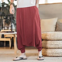 Fashin Дизайн льняные шаровары Штаны человек свободные отдых хип-хоп крест широкую ногу-Штаны джоггеры теленок-длина хлопковые брюки Pantalon